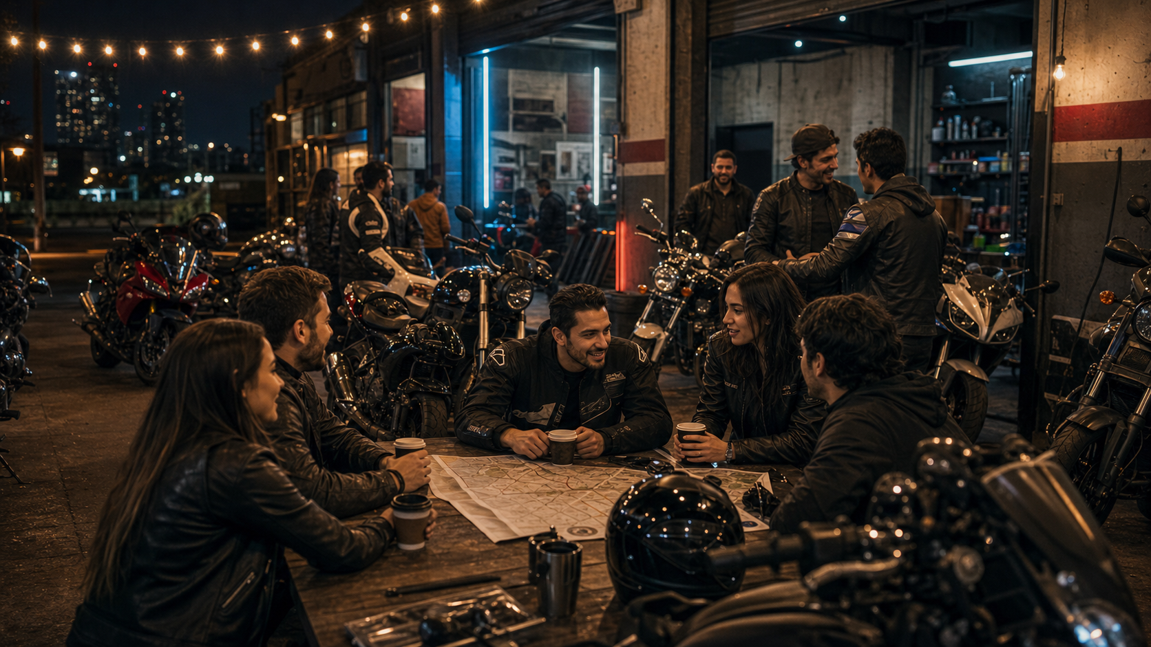 Rodada nocturna con motociclistas jovenes